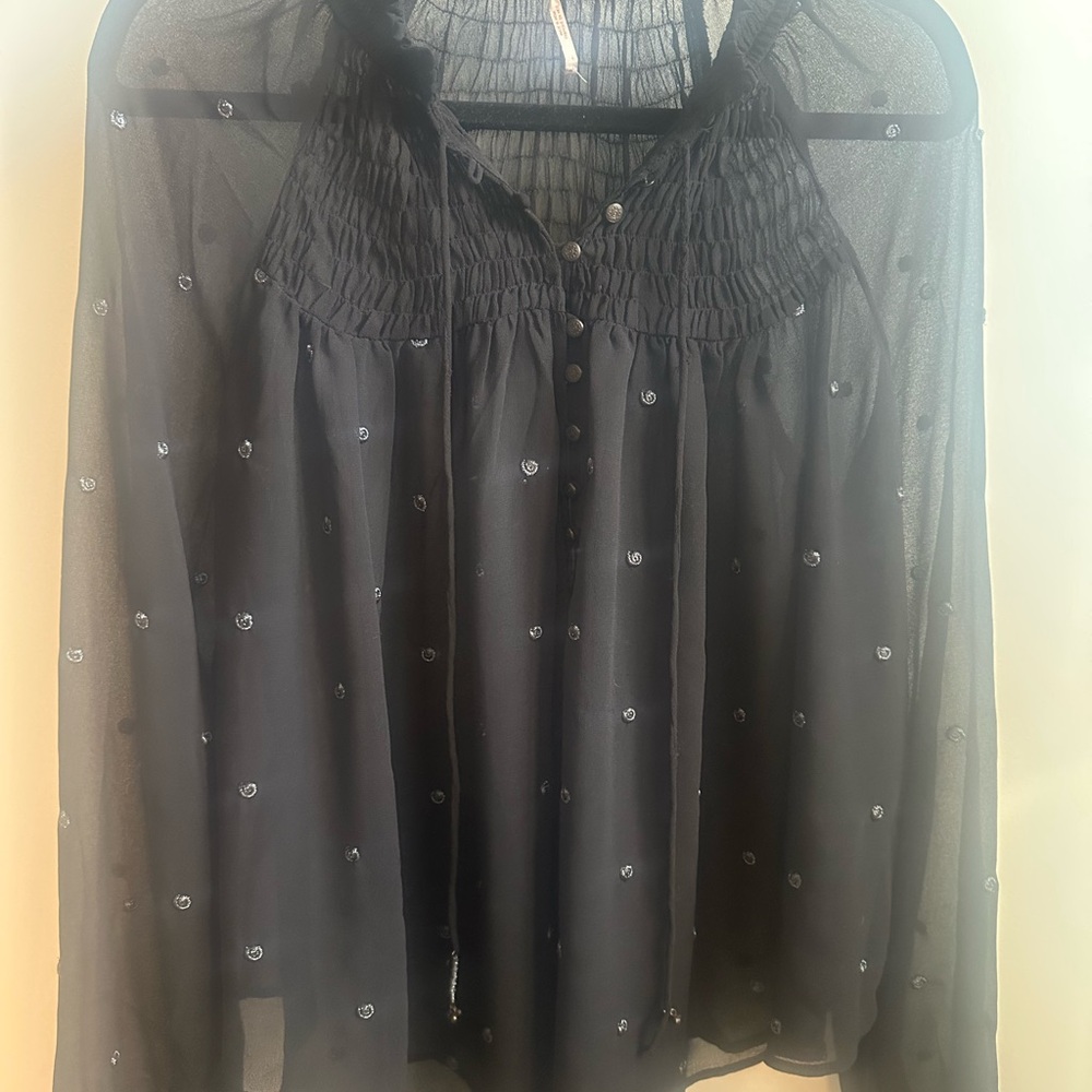 Free People Black Sheer Blouse with Embellishments